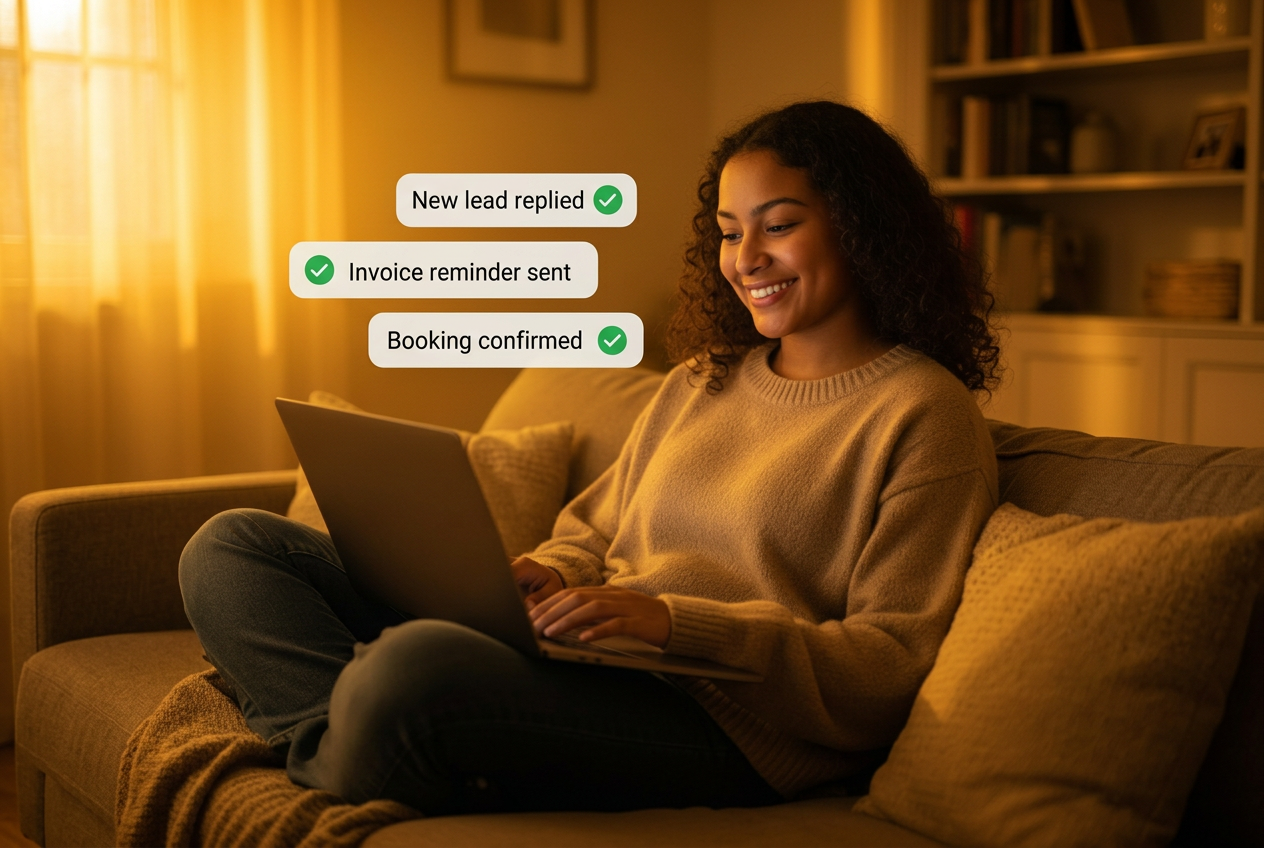 Person relaxing on couch while AI agent handles tasks automatically - notifications showing new lead replied, invoice reminder sent, booking confirmed